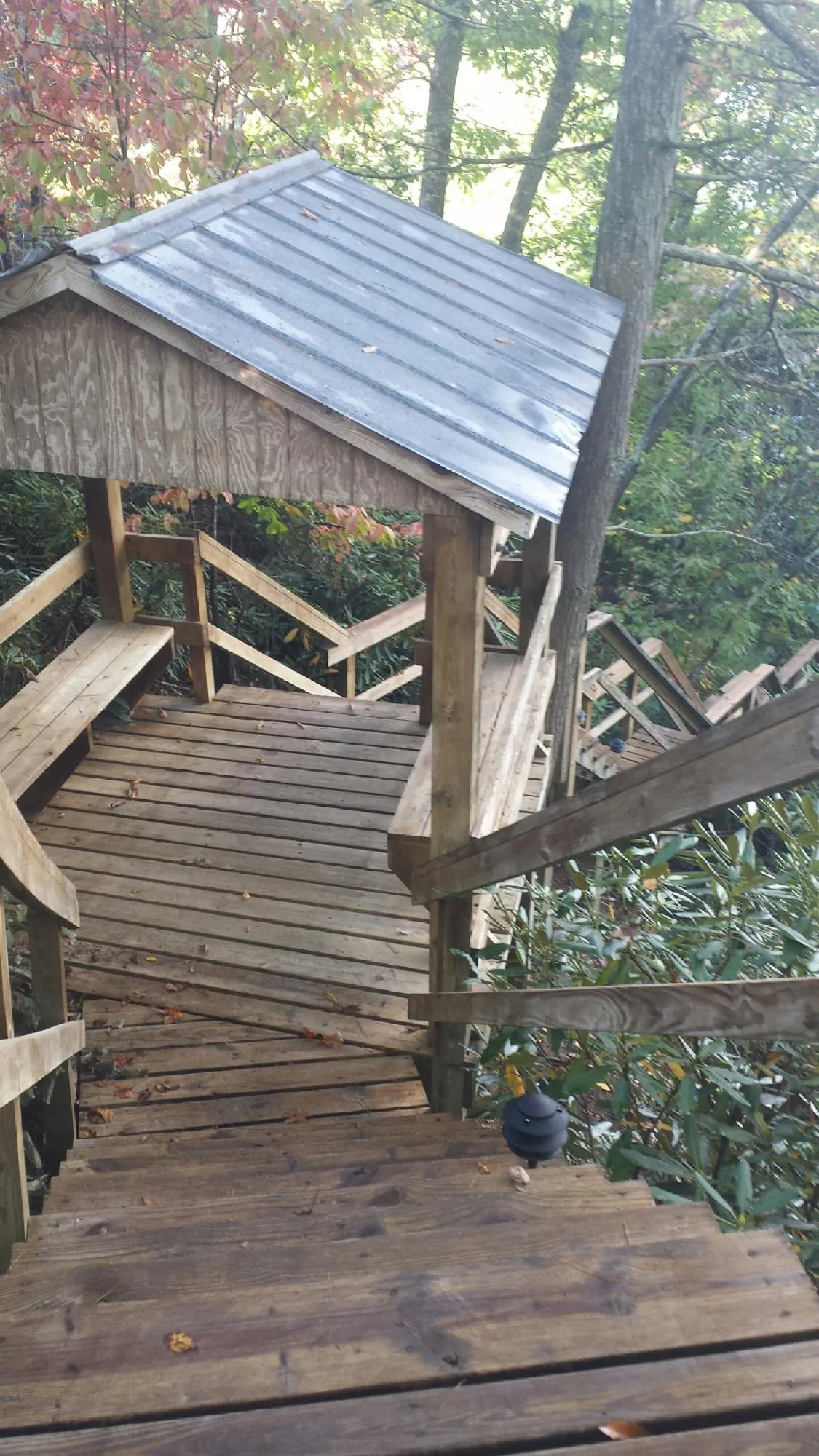 Metal roofed shelter over wooden steps on a wooded walkway — Skylight Repair & Installation work by our crew in Carleton